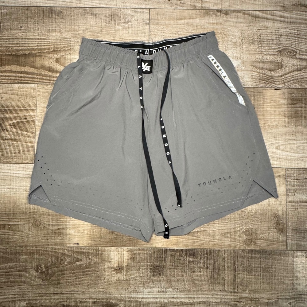 YoungLA Mens Gray Athletic Gym Shorts Size S Laser Cut Bodybuilding Training